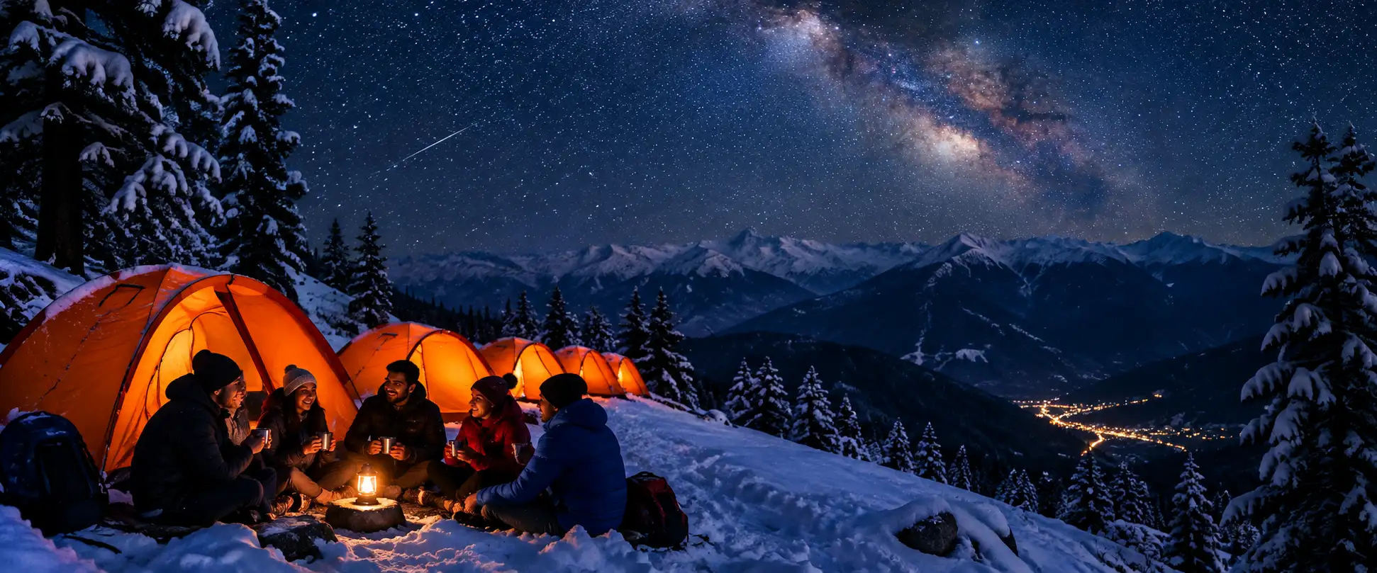 Students drinking chai outside glowing tents at a snowy Kedarkantha campsite on New Year's Eve, Uttarakhand