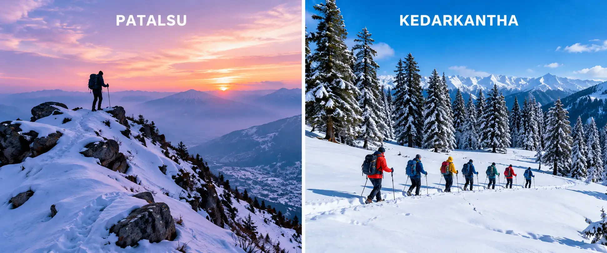 Split-screen comparing the steep Patalsu Peak ridge near Manali with the gentle Kedarkantha snow slopes in Uttarakhand