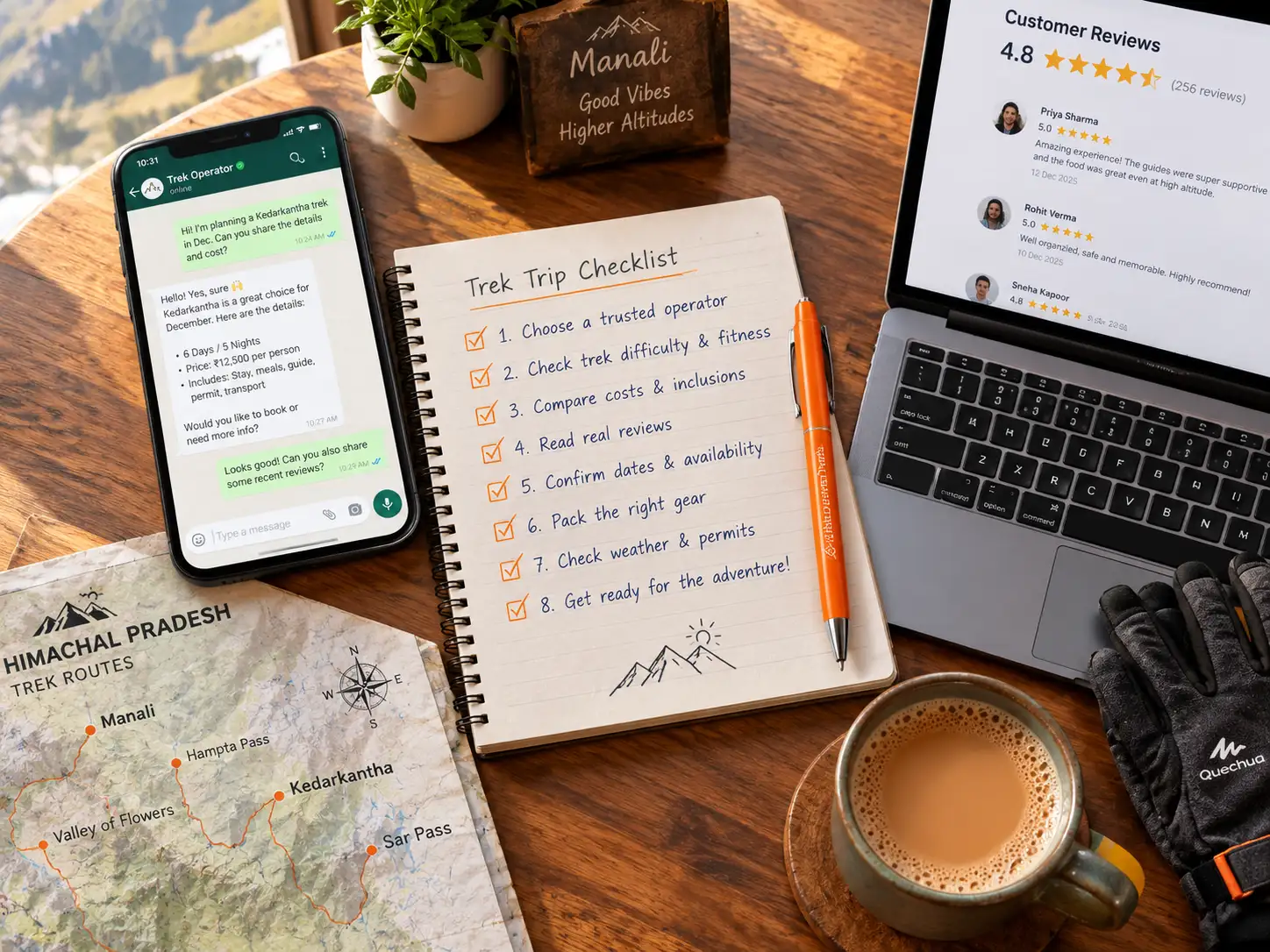 Pre-booking checklist for verifying trek company reviews, with phone and laptop showing Global Events Travels reviews in Manali