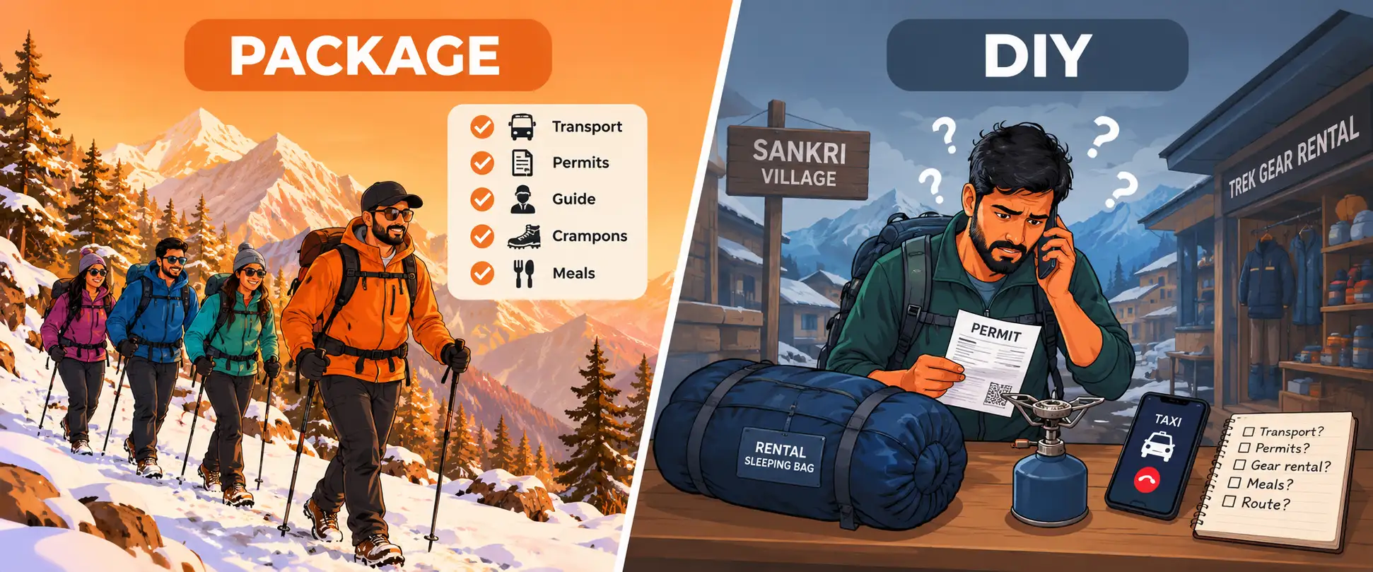 Kedarkantha trek cost comparison of a guided package versus DIY planning in Sankri, Uttarakhand