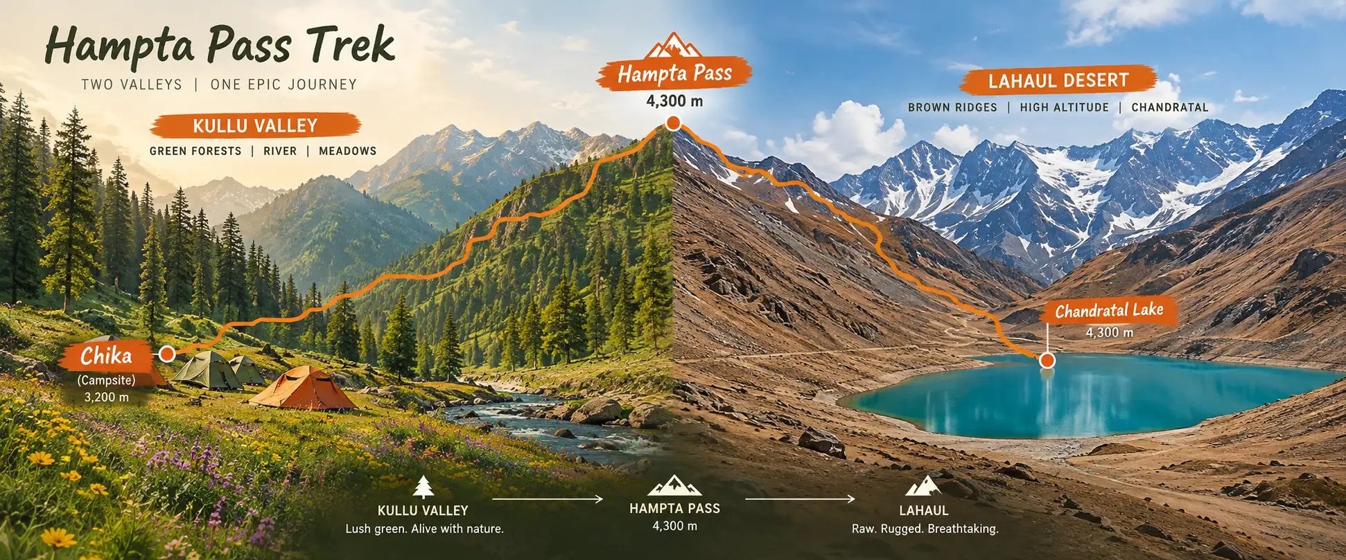 Hampta Pass Trek route map showing Kullu green valley to Lahaul desert transition via 4300m pass