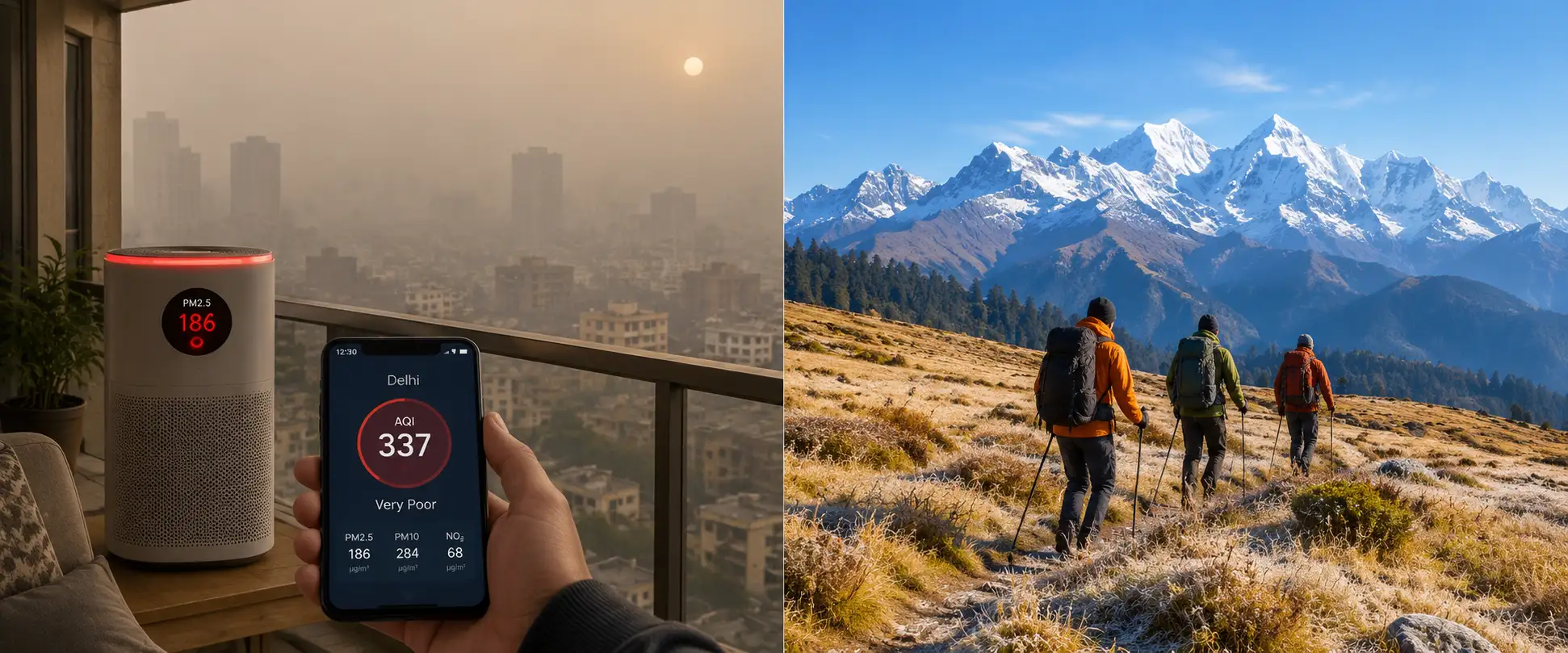 Split-screen of a smoggy Delhi balcony with AQI 337 and a clear Dayara Bugyal meadow in Uttarakhand