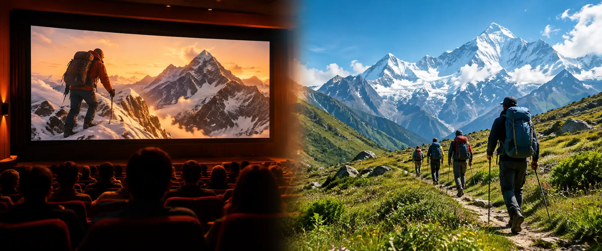 Split-screen showing a mountain climbing movie in a theatre transitioning into a real Himalayan trek trail