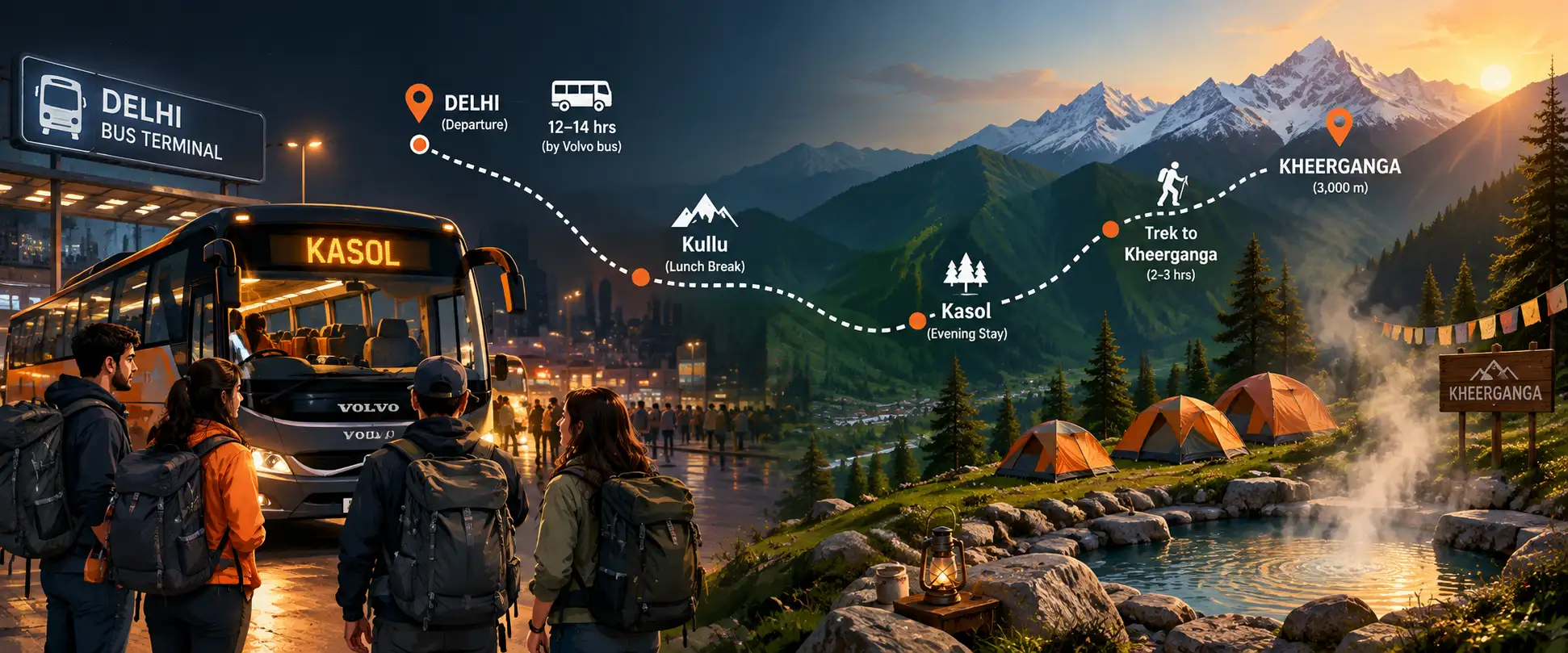 Illustration of a Friday-night Volvo from Delhi to Kasol ending at a sunrise campsite at Kheerganga, Himachal Pradesh