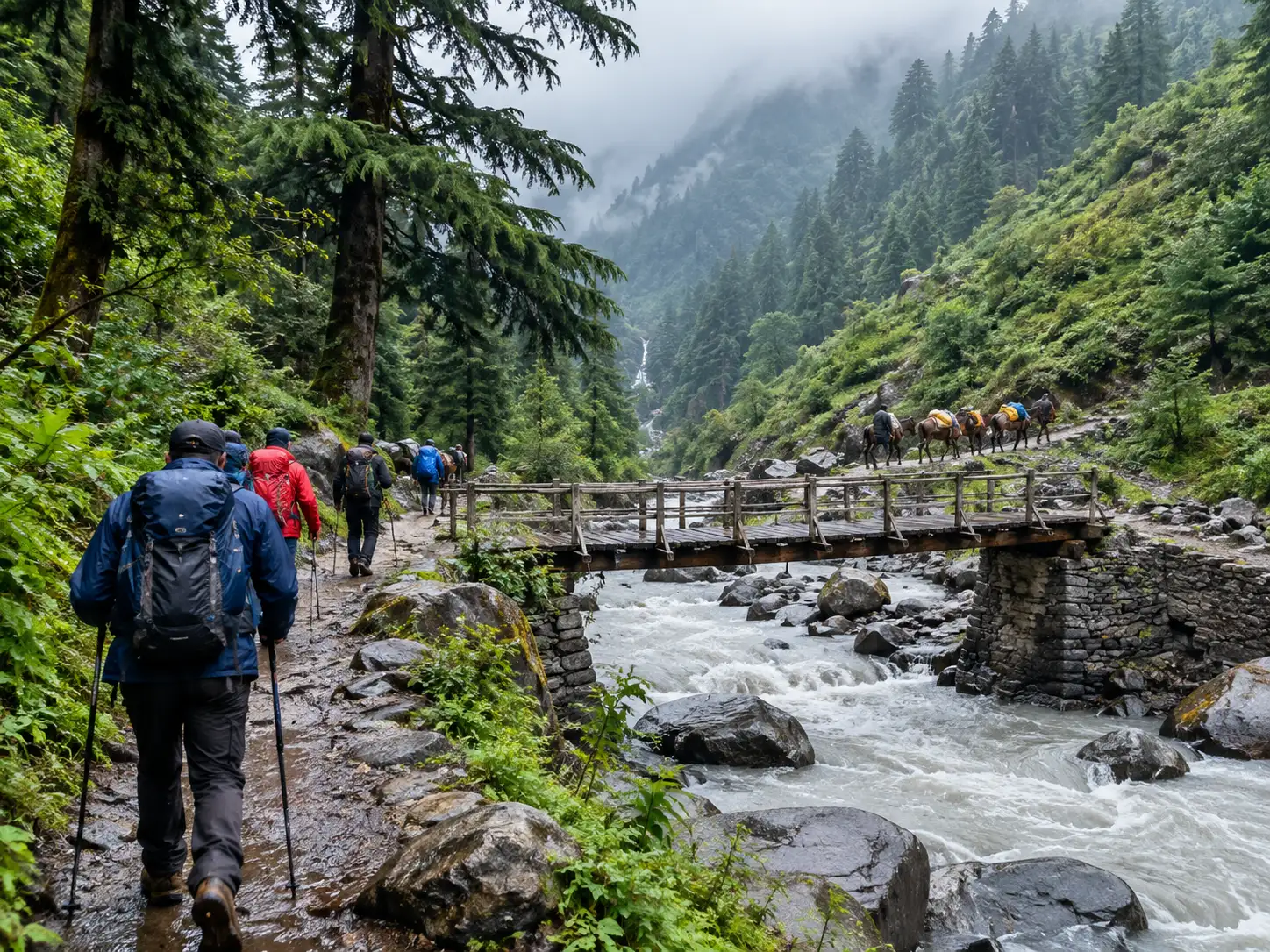 Poolna to Ghangaria forest trail on the Valley of Flowers trek, Uttarakhand