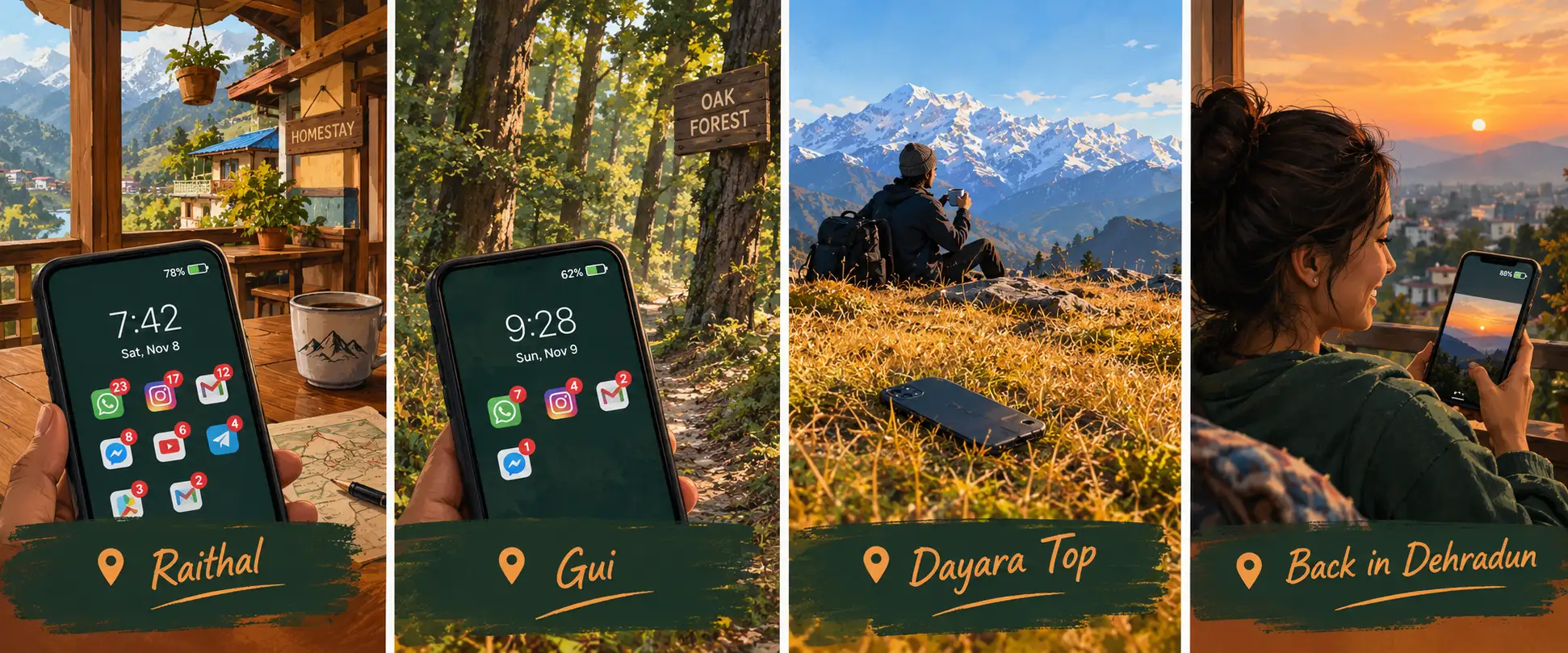 Four-panel illustration of notifications fading over a Dayara Bugyal trek from Raithal to Dayara Top in Uttarakhand